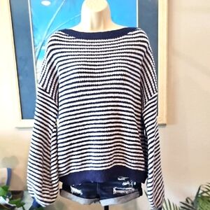 Shein Striped Pullover Sweater Women's Medium Blue White Long Sleeve Knit